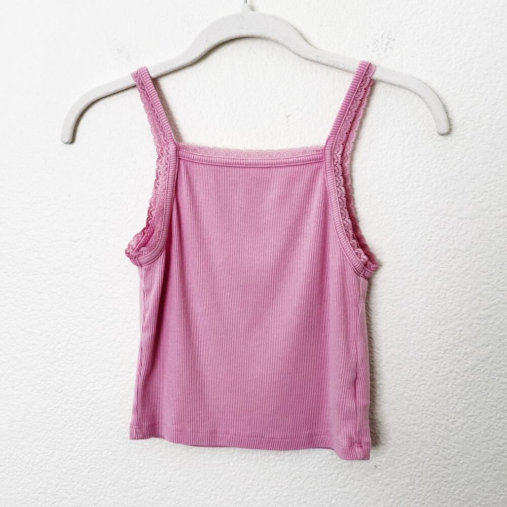[American Eagle] Pink Ribbed Knit Square Neck Lace Trim Crop Tank Top Sz Medium